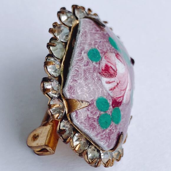 VTG 50s Reverse Painted Glass Rose Brooch Rhinestones Gold Tone Pin Mid Century - Picture 8 of 10